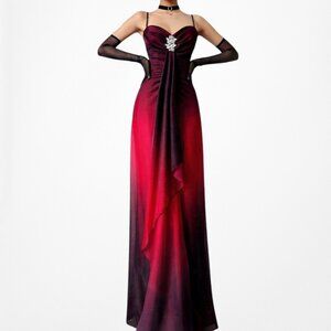 Vintage Y2K Burgundy Red Glitter Rhinestone Knit Ruffle Maxi Prom Dress Size M